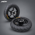 12-inch black supermoto wheel and tire set with 90/90-12 front and 120/70-12 rear road tires