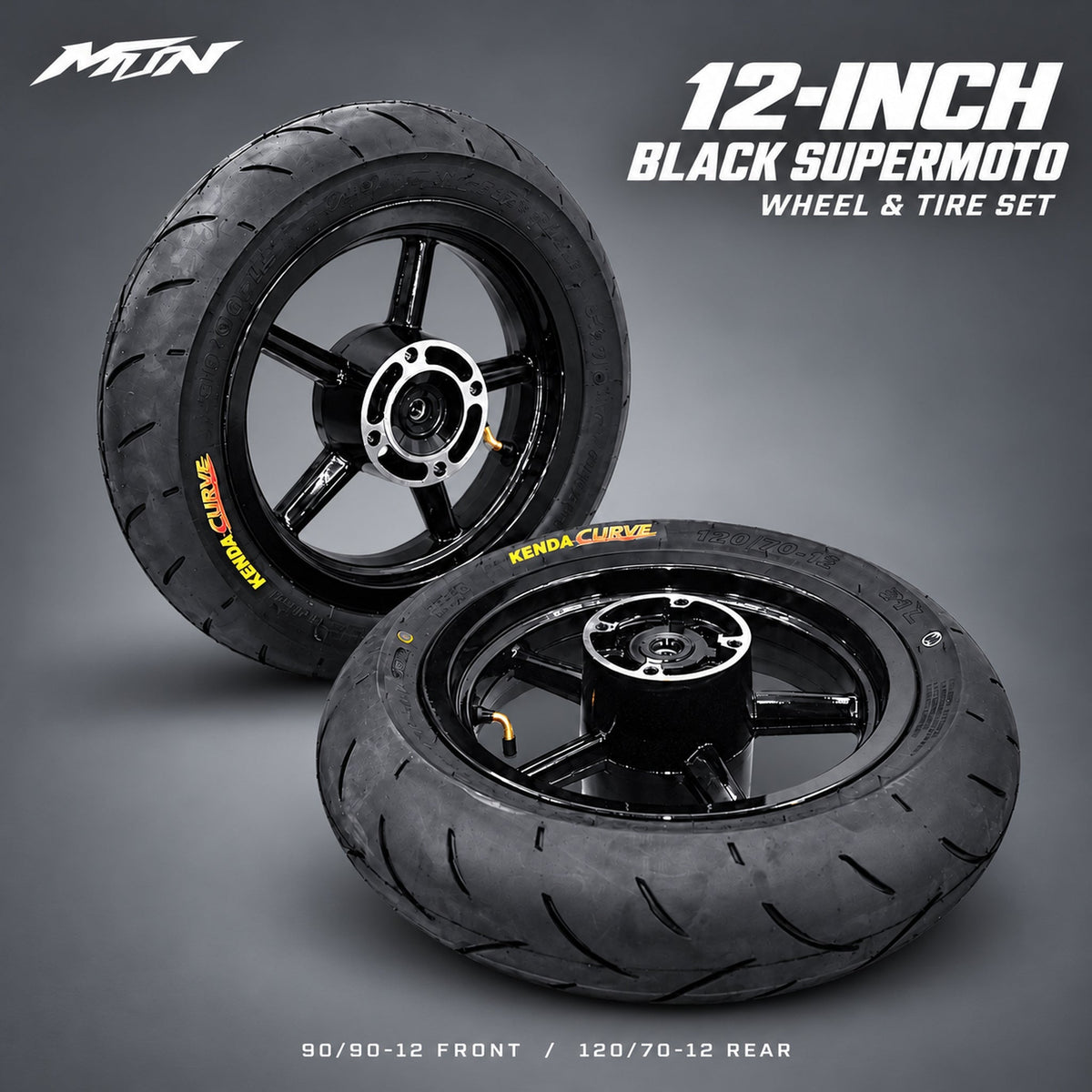 12-Inch Supermoto Wheel & Tire Set | Wide 90 Front & 120 Rear, Black