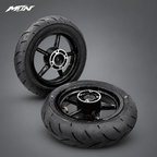 Black aluminum 12-inch supermoto rims with mounted road tires