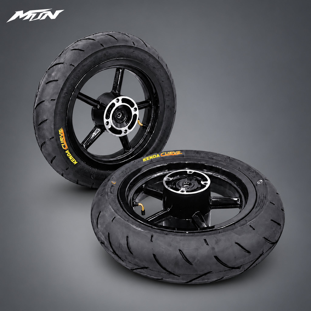 12-inch black supermoto wheel and tire set, 12mm axle