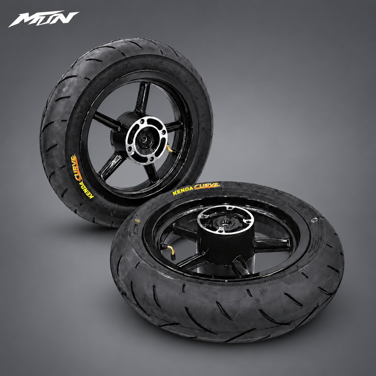 12-inch black supermoto wheel and tire set, 15mm axle