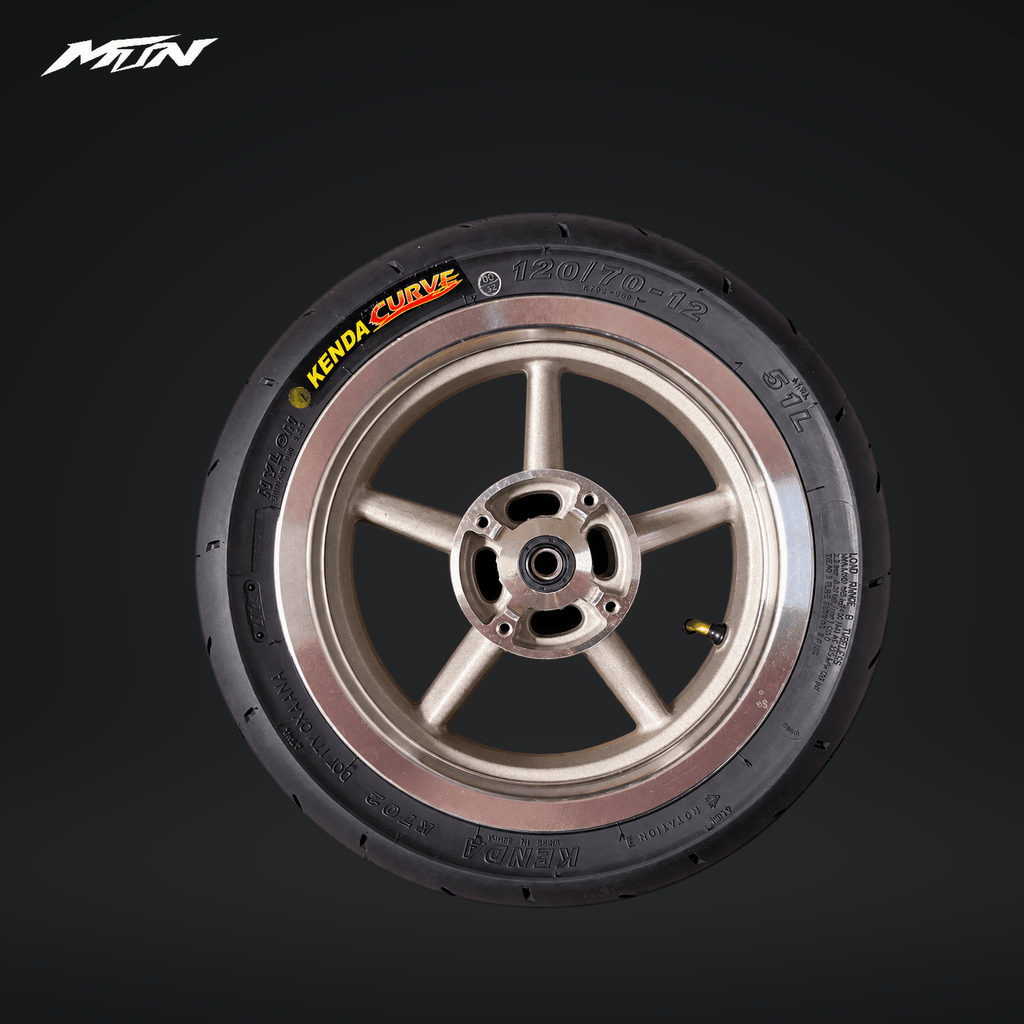 12-inch supermoto wheels with mounted street tires and 190mm rotors