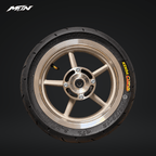 12-inch supermoto wheel set with wide 110/70-12 front and 120/70-12 rear tires