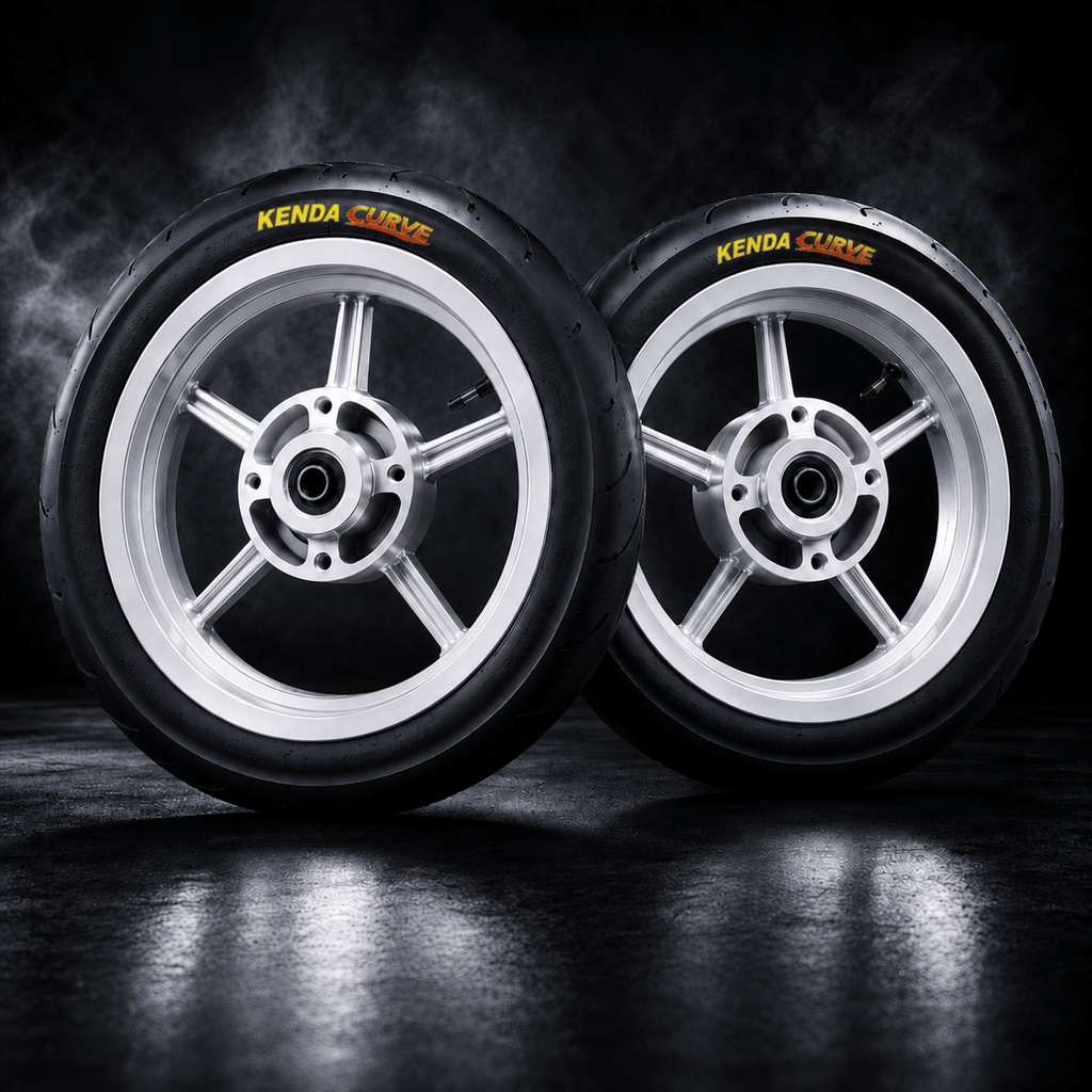 12-inch supermoto wheel and tire set with mounted street tires, MTN MotoWorks