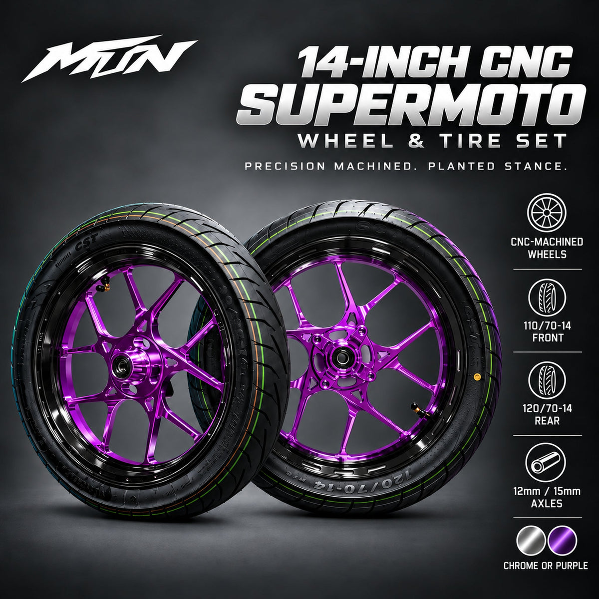 14-Inch CNC Supermoto Wheel & Tire Set | MTN MOTOWORKS E-Moto Performance Parts & Accessories#