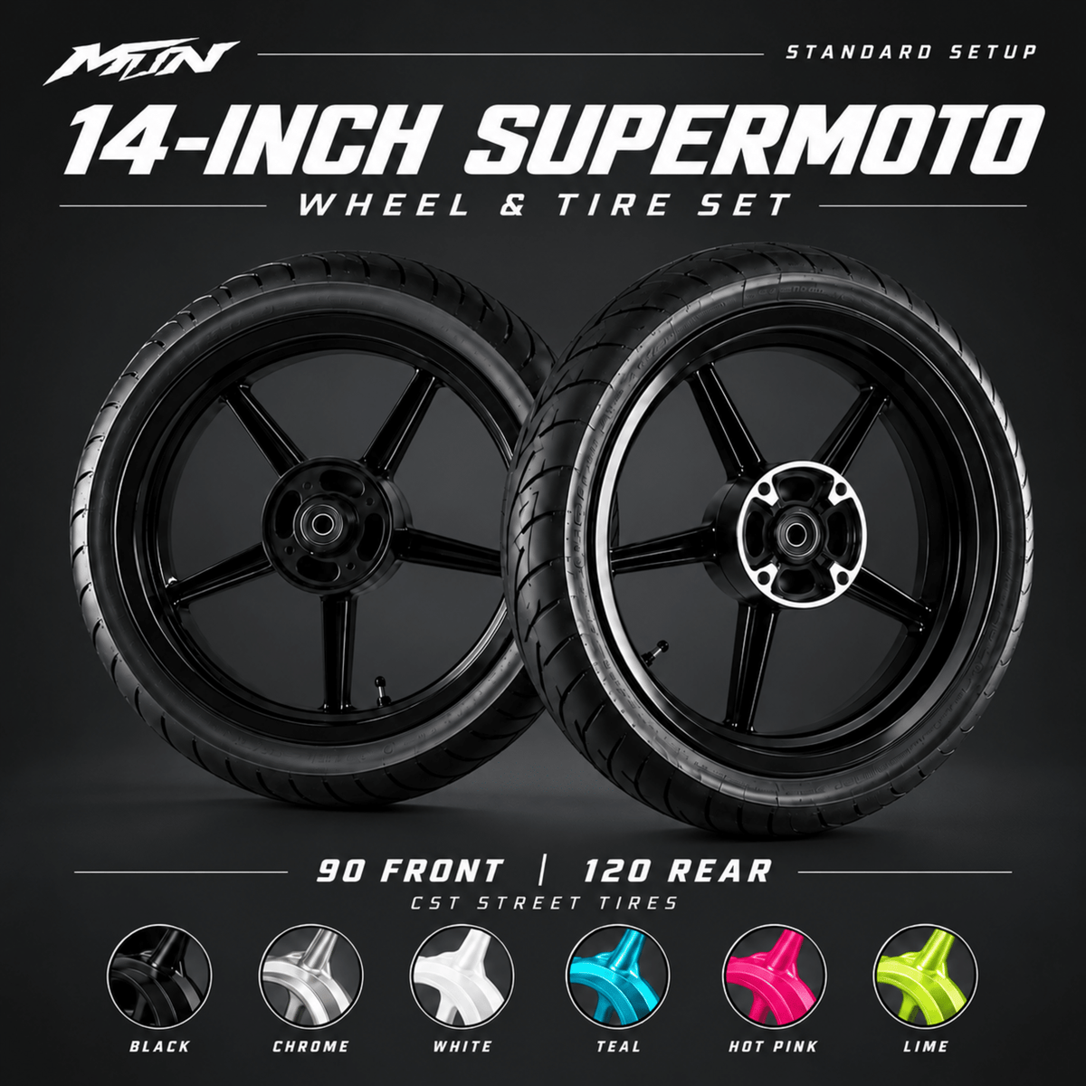 14-Inch Supermoto Wheel & Tire Set | Standard 90 Front & 120 Rear | MTN MOTOWORKS E-Moto Performance Parts & Accessories#