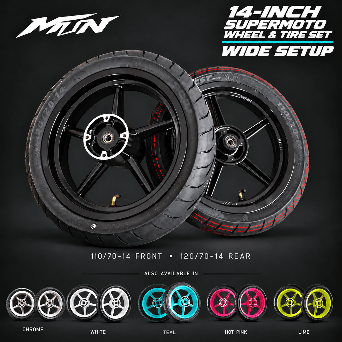14-Inch Supermoto Wheel & Tire Set | Wide 110 Front & 120 Rear | MTN MOTOWORKS E-Moto Performance Parts & Accessories#