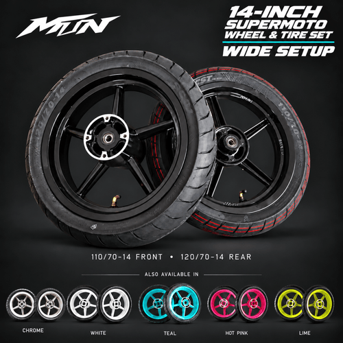 14-Inch Supermoto Wheel & Tire Set | Wide 110 Front & 120 Rear | MTN MOTOWORKS E-Moto Performance Parts & Accessories#