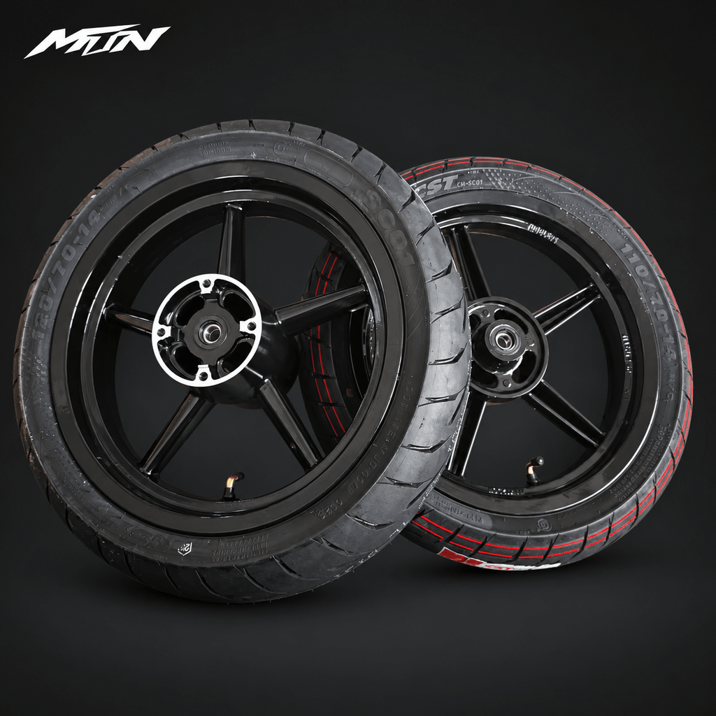 14-Inch Supermoto Wheel & Tire Set | Wide 110 Front & 120 Rear | MTN MOTOWORKS E-Moto Performance Parts & Accessories#
