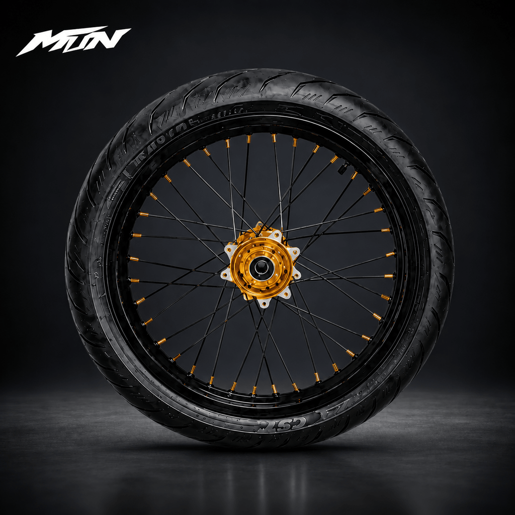 17-inch radial street tires mounted on supermoto rims for Ultra Bee and Light Bee 2