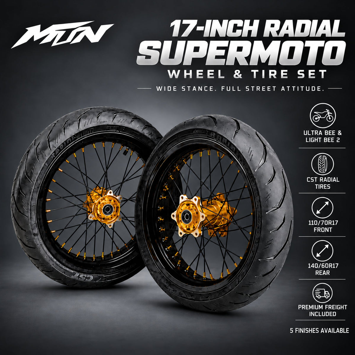 17-Inch Radial Supermoto Wheel & Tire Set | Ultra Bee & Light Bee 2 | MTN MOTOWORKS E-Moto Performance Parts & Accessories#