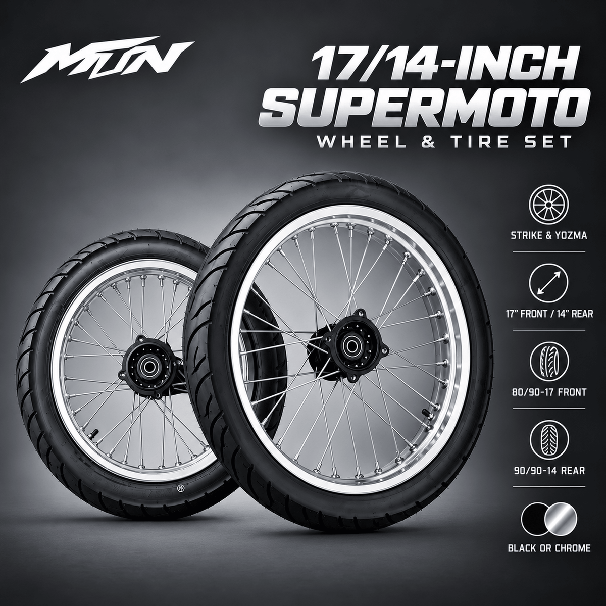 17/14-Inch Supermoto Wheel & Tire Set | Strike & Yozma | MTN MOTOWORKS E-Moto Performance Parts & Accessories#