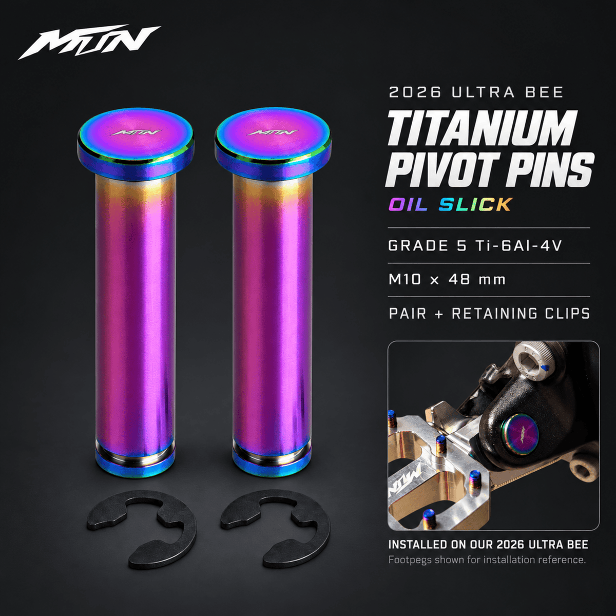 2026 Ultra Bee Titanium Footpeg Pivot Pins | Oil Slick | MTN MOTOWORKS E-Moto Performance Parts & Accessories#