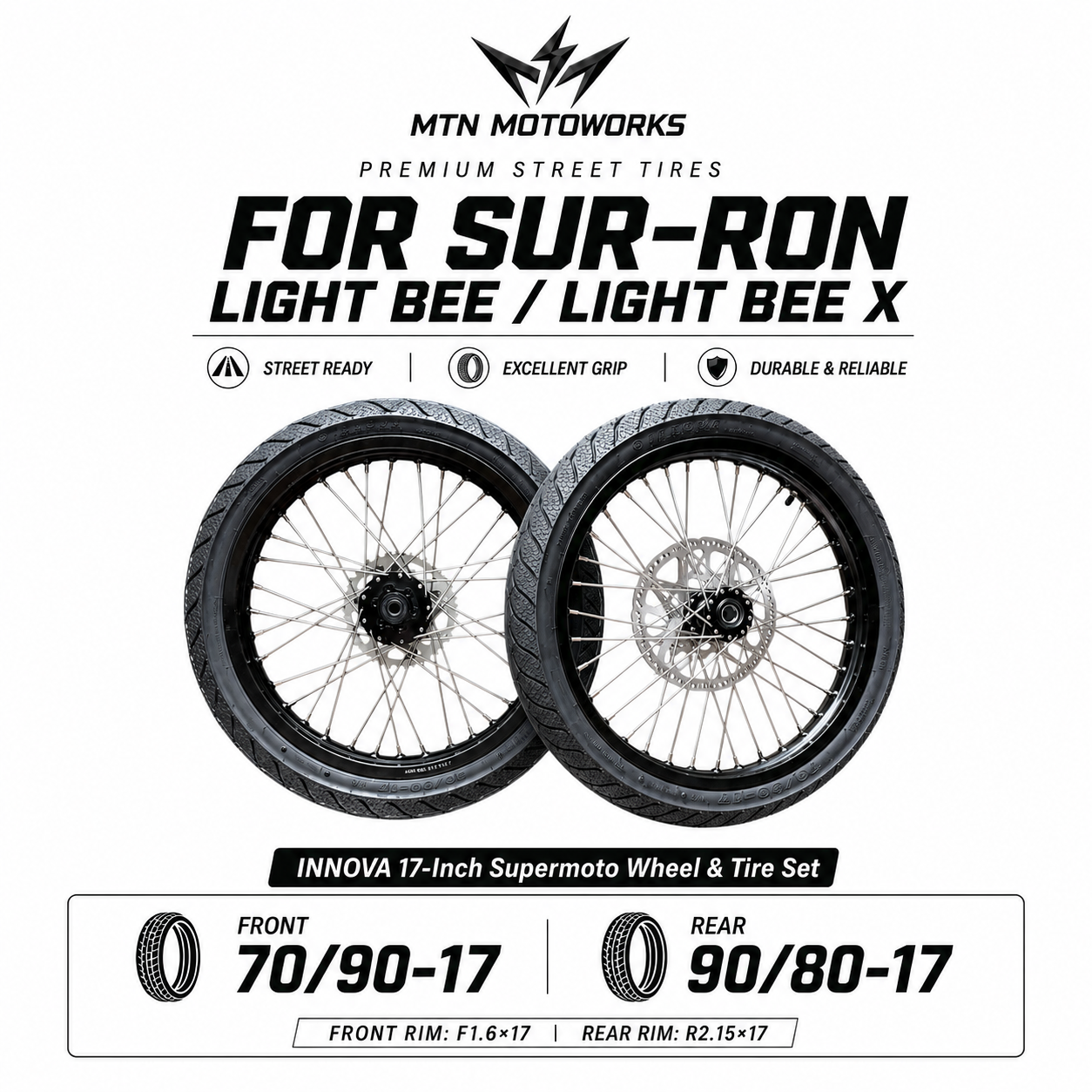 Sur-Ron LBX – INNOVA 17-Inch Supermoto Wheel & Tire Set