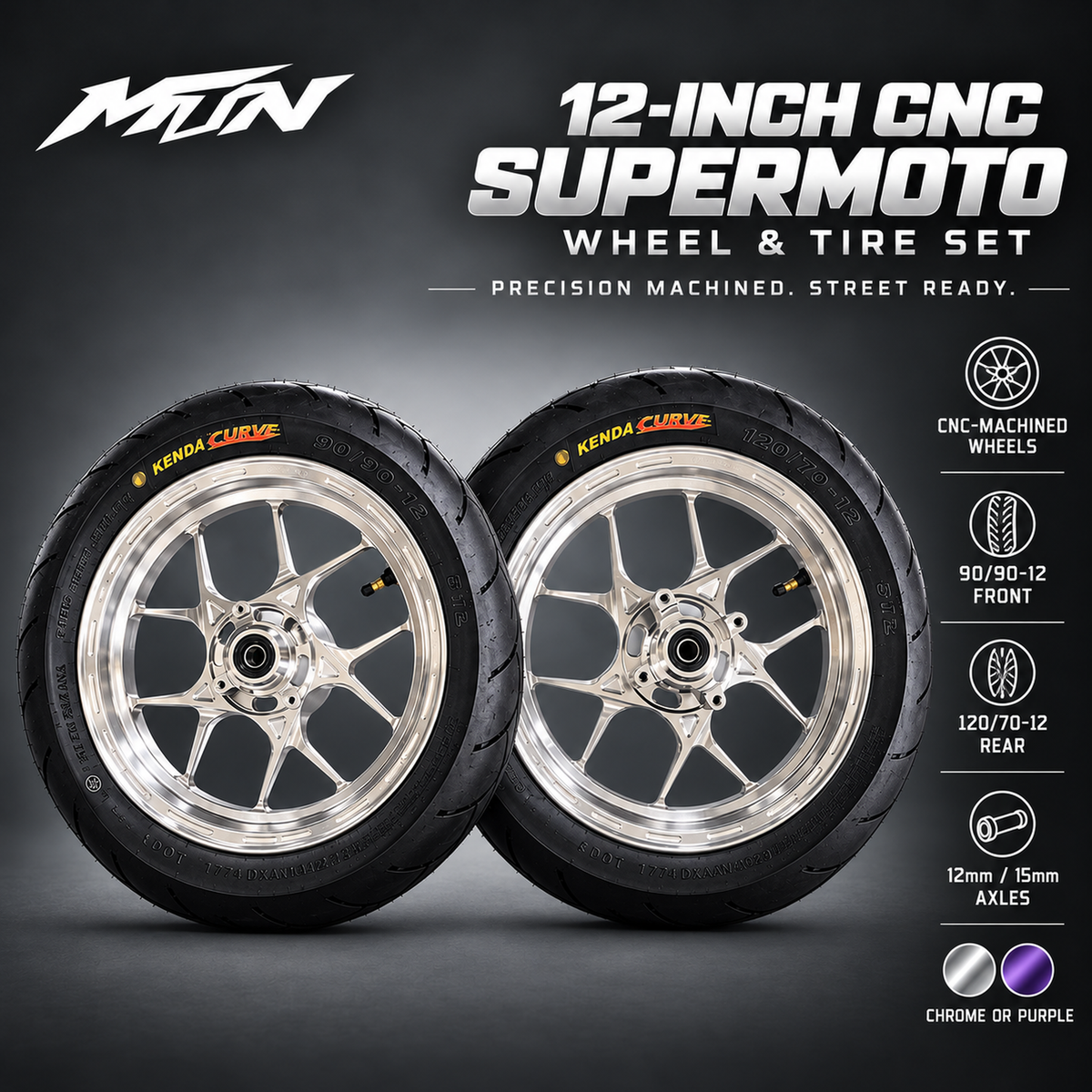 12-Inch CNC Supermoto Wheel & Tire Set — specifications and finish options