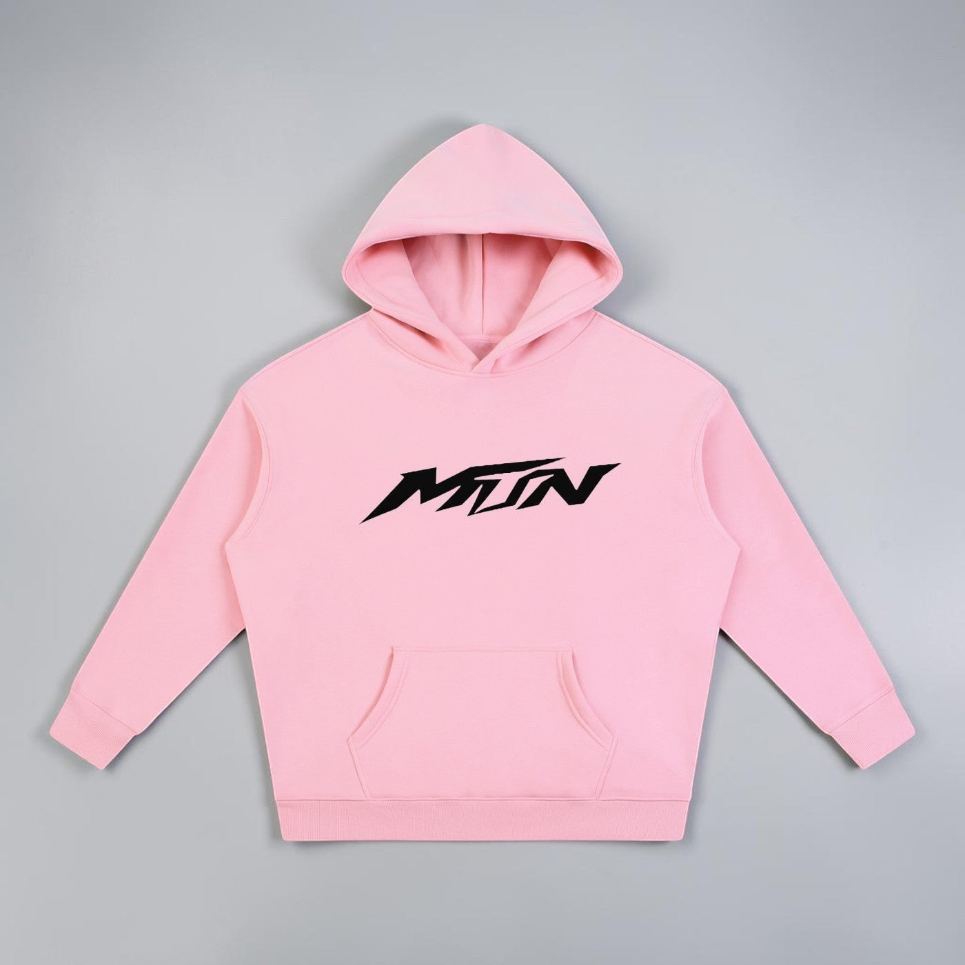 MTN Box OG Hoodie in Pink with black front MTN logo, relaxed fit, and heavyweight streetwear style.