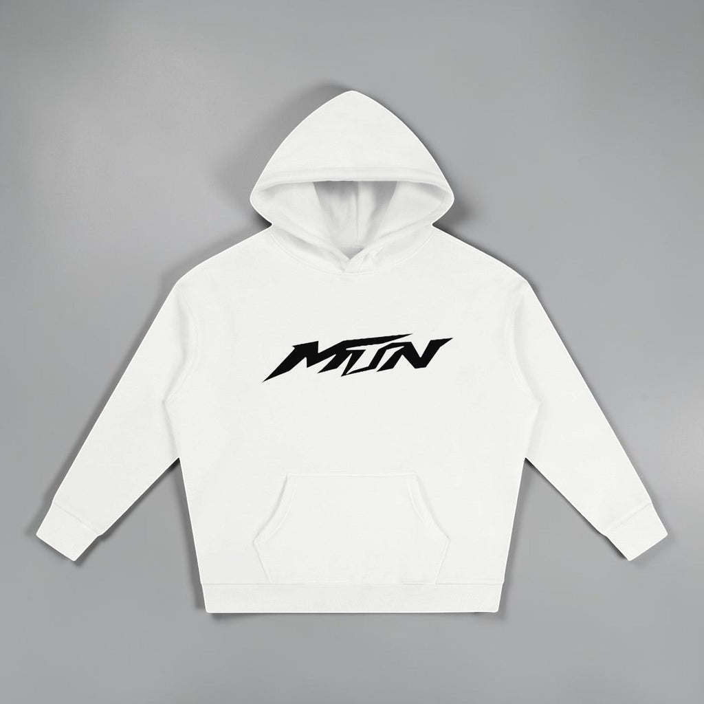 MTN Box OG Hoodie in White with black front MTN logo, relaxed fit, and heavyweight streetwear style.