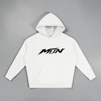 MTN Box OG Hoodie in White with black front MTN logo, relaxed fit, and heavyweight streetwear style.