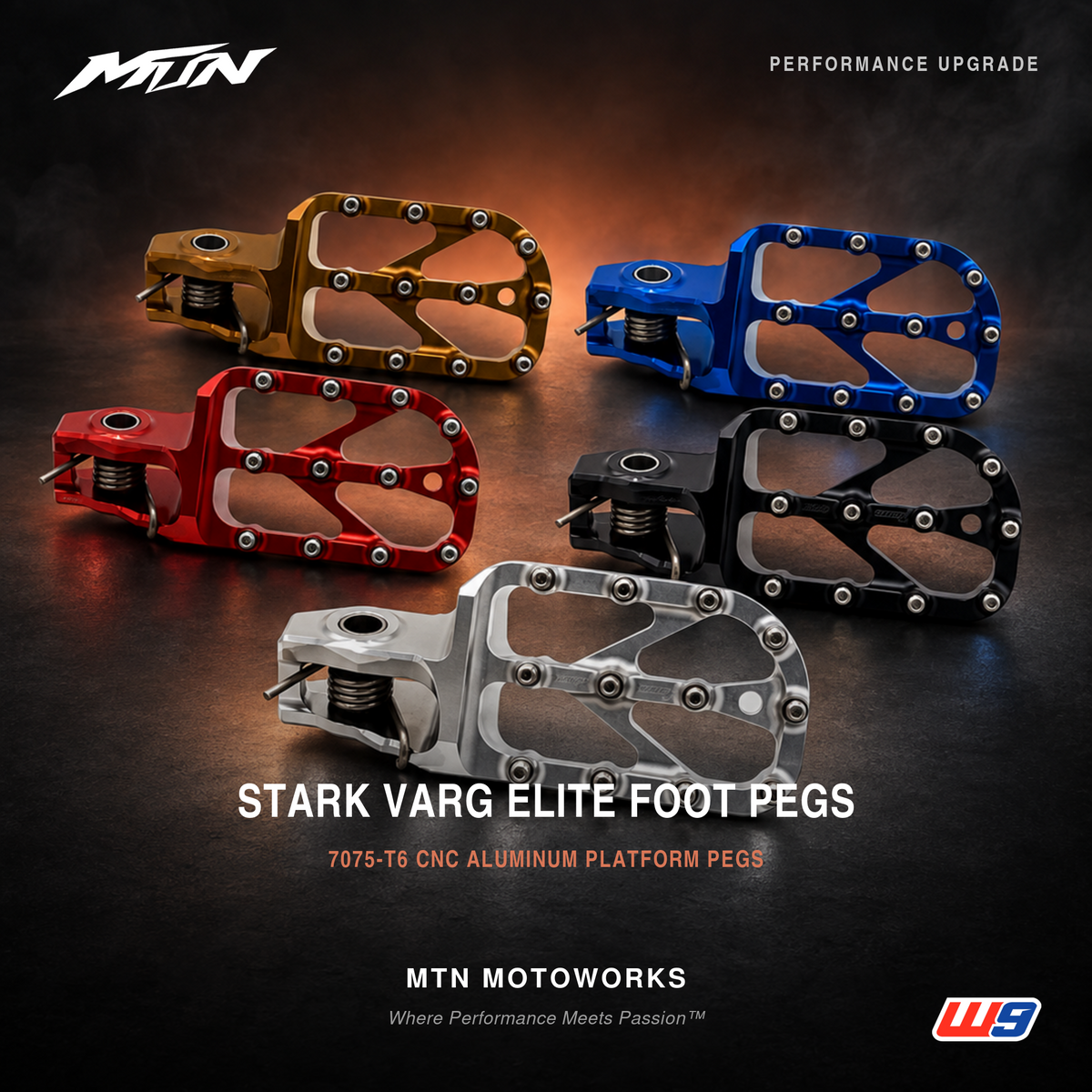MTN Stark Varg Elite Foot Pegs - all 5 anodized colors, 7075-T6 CNC aluminum