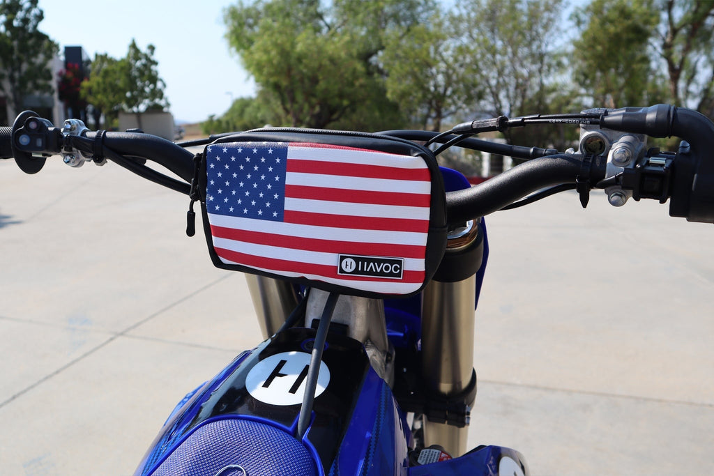 Havoc Bar Sack mounted on motorcycle handlebars