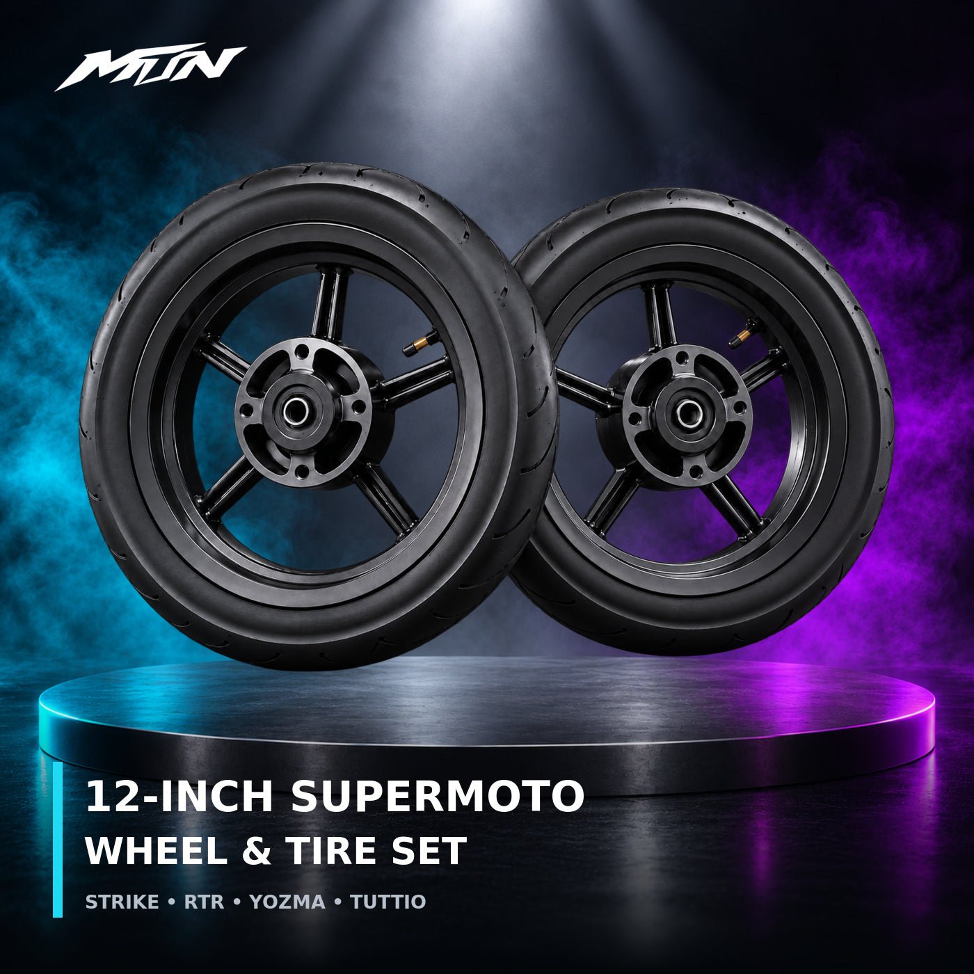 MTN 12-Inch Supermoto Wheel & Tire Set | Strike, RTR, Yozma & Tuttio | MTN MOTOWORKS E-Moto Performance Parts & Accessories