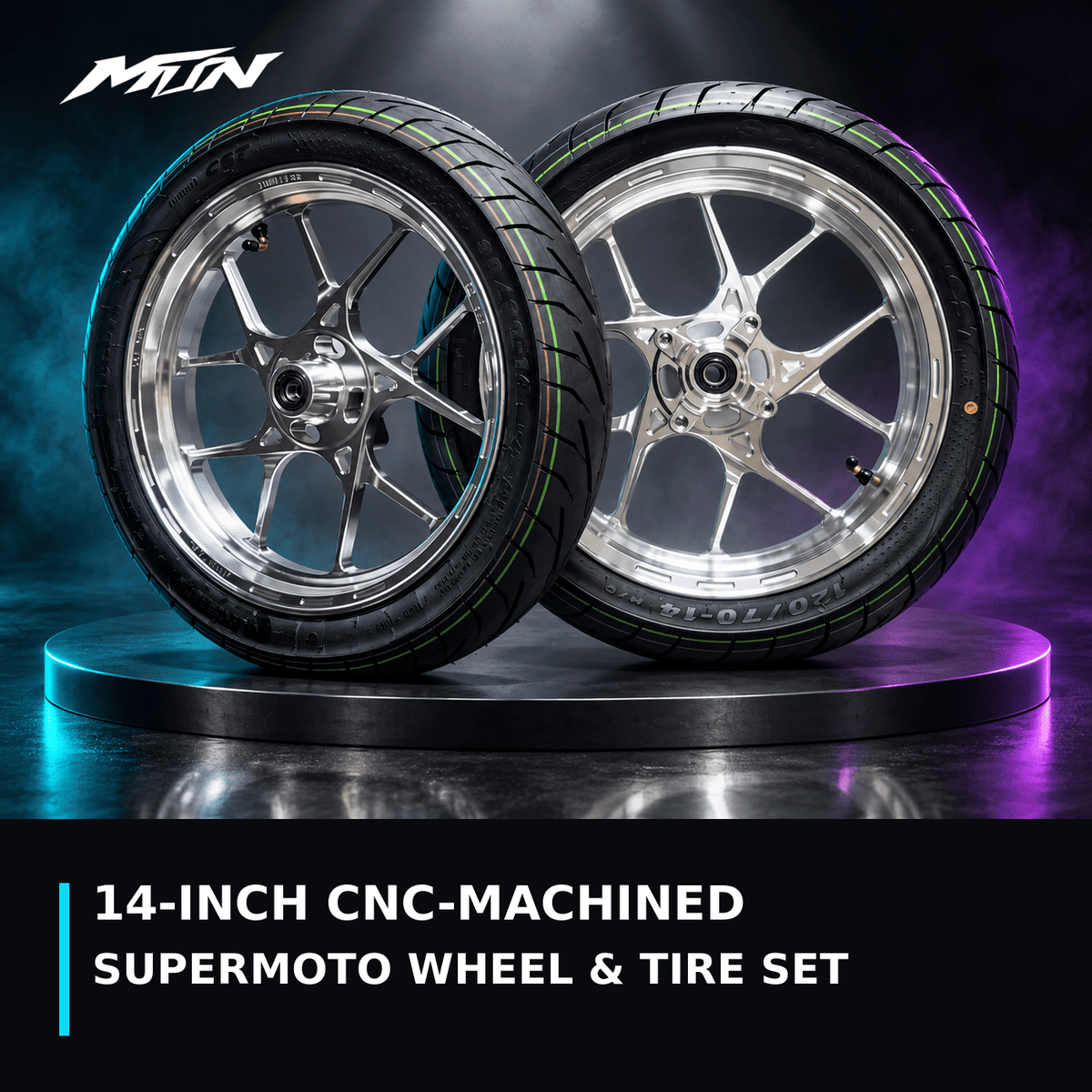 MTN 14-Inch CNC-Machined Supermoto Wheel & Tire Set | Strike, RTR, Yozma & Tuttio | MTN MOTOWORKS E-Moto Performance Parts & Accessories