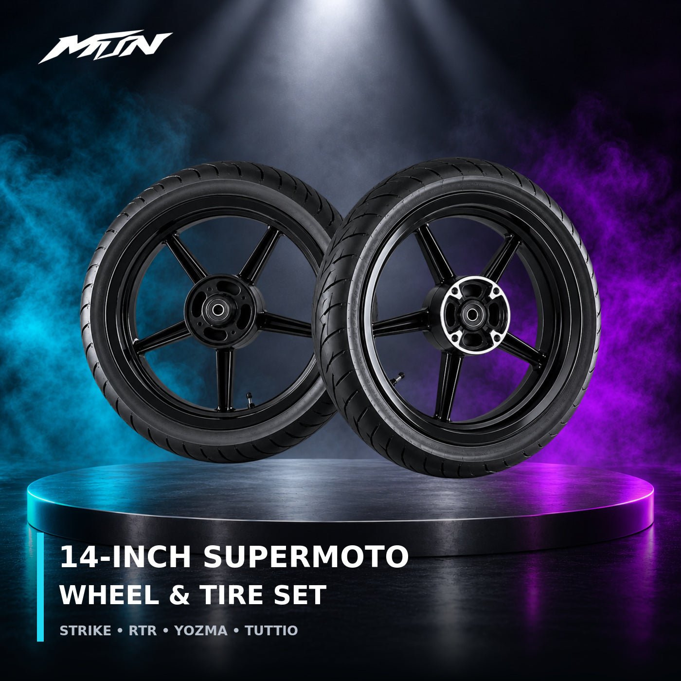 MTN 14-Inch Supermoto Wheel & Tire Set | Strike, RTR, Yozma & Tuttio | MTN MOTOWORKS E-Moto Performance Parts & Accessories