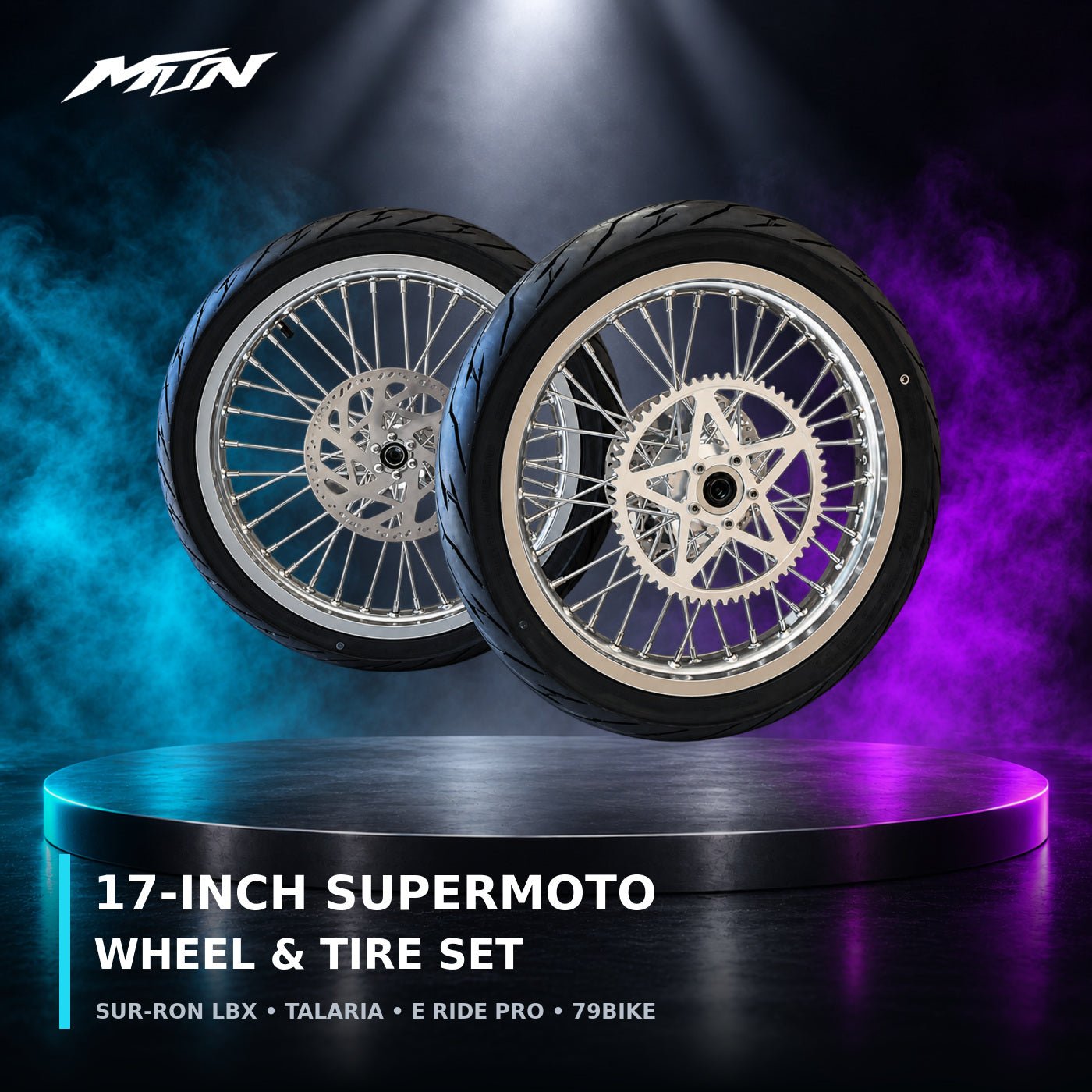 MTN 17-Inch Supermoto Wheel & Tire Set | Sur-Ron LBX, Talaria, E Ride Pro & 79Bike | MTN MOTOWORKS E-Moto Performance Parts & Accessories