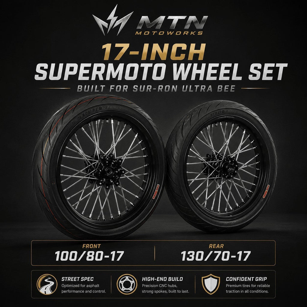 MTN 17-Inch Supermoto Wheel & Tire Set | Sur-Ron Ultra Bee | MTN MOTOWORKS E-Moto Performance Parts & Accessories