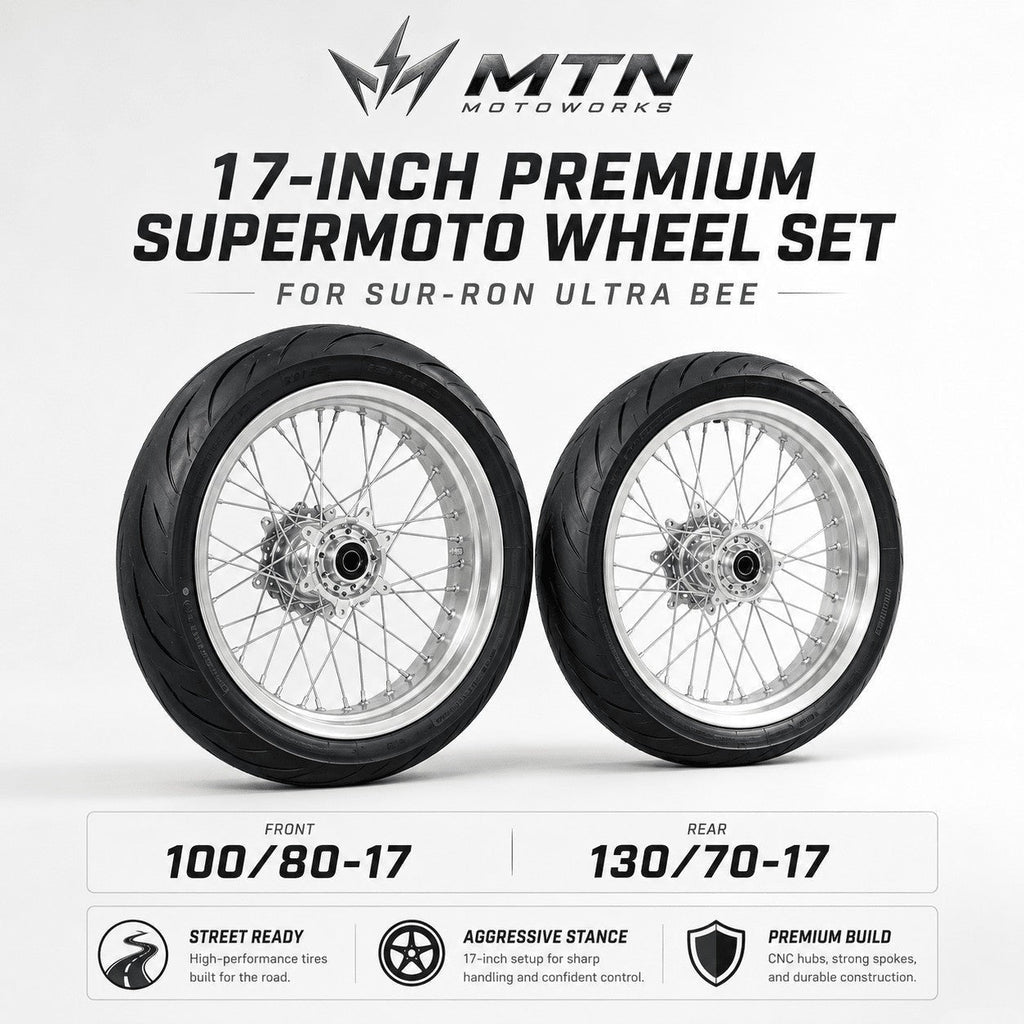 MTN 17-Inch Supermoto Wheel & Tire Set | Sur-Ron Ultra Bee | MTN MOTOWORKS E-Moto Performance Parts & Accessories
