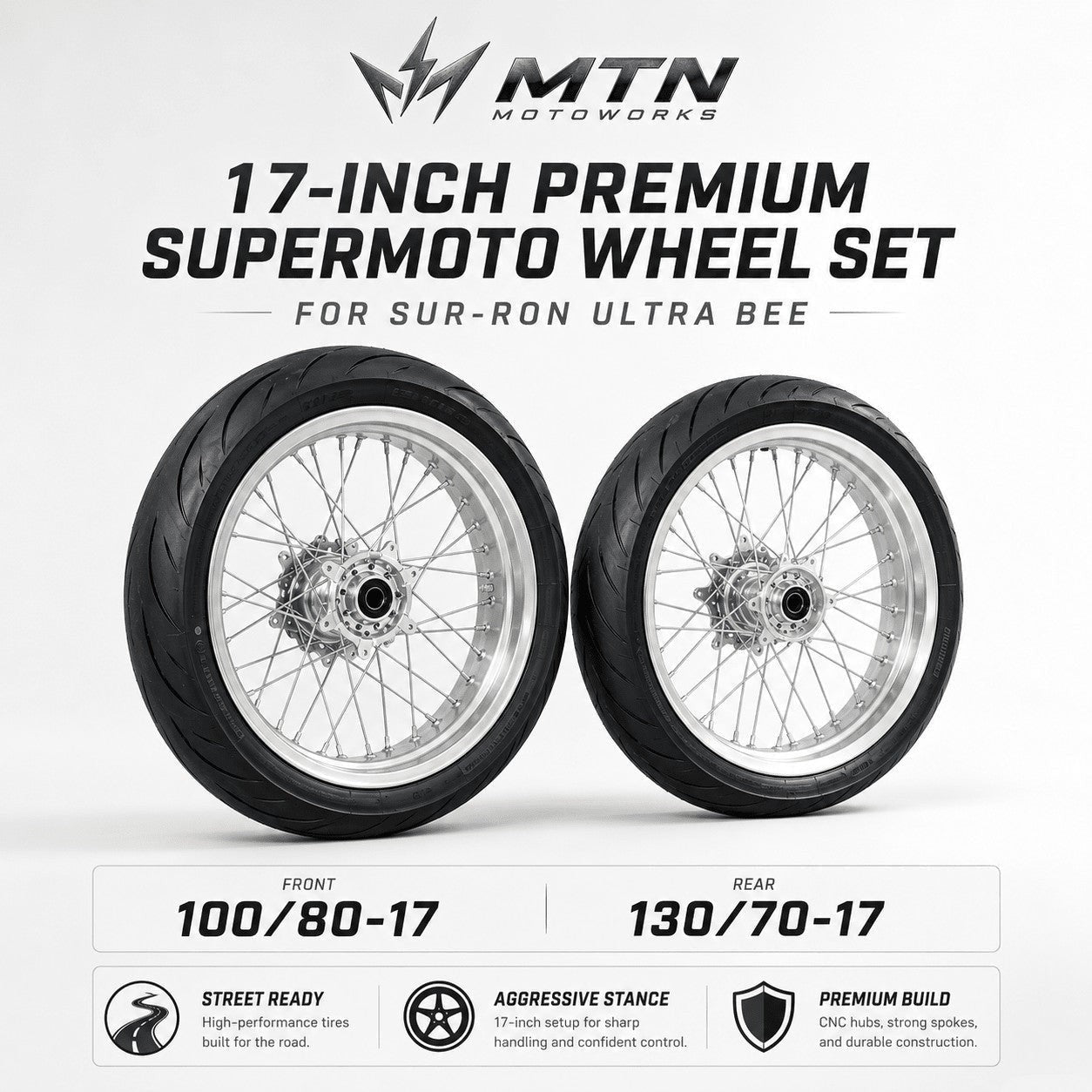 MTN 17-Inch Supermoto Wheel & Tire Set | Sur-Ron Ultra Bee | MTN MOTOWORKS E-Moto Performance Parts & Accessories