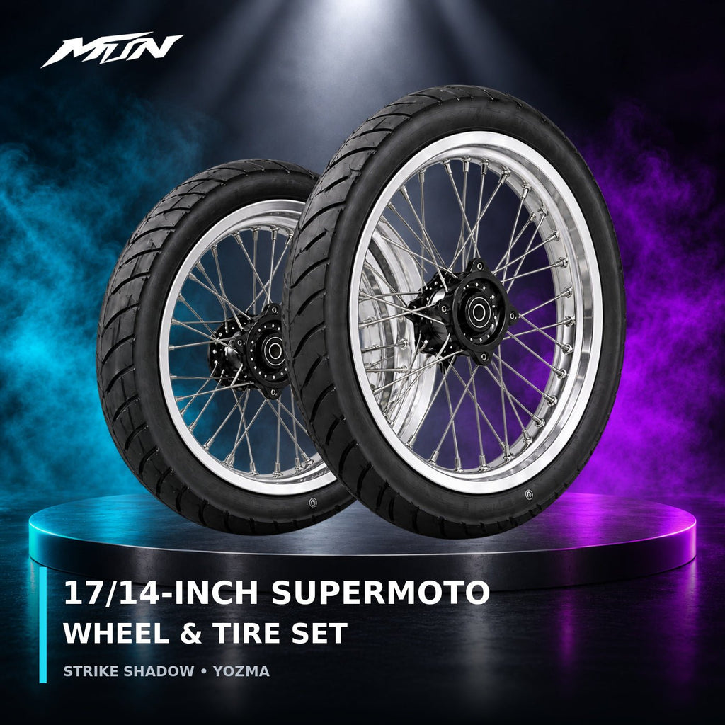 MTN 17/14-Inch Supermoto Wheel & Tire Set | Strike Shadow & Yozma | MTN MOTOWORKS E-Moto Performance Parts & Accessories