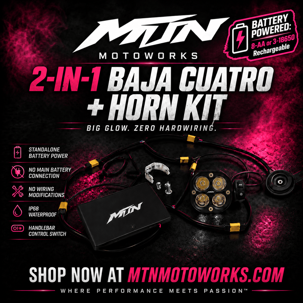 MTN 2-in-1 Baja Cuatro + Horn Kit | 8-AA or 18650 Rechargeable | MTN MOTOWORKS E-Moto Performance Parts & Accessories