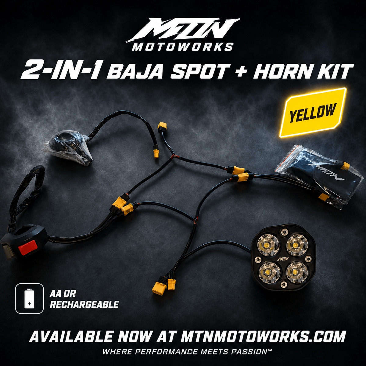 MTN 2-in-1 Baja Spot + Horn Kit – AA or Rechargeable | MTN MOTOWORKS E-Moto Performance Parts & Accessories