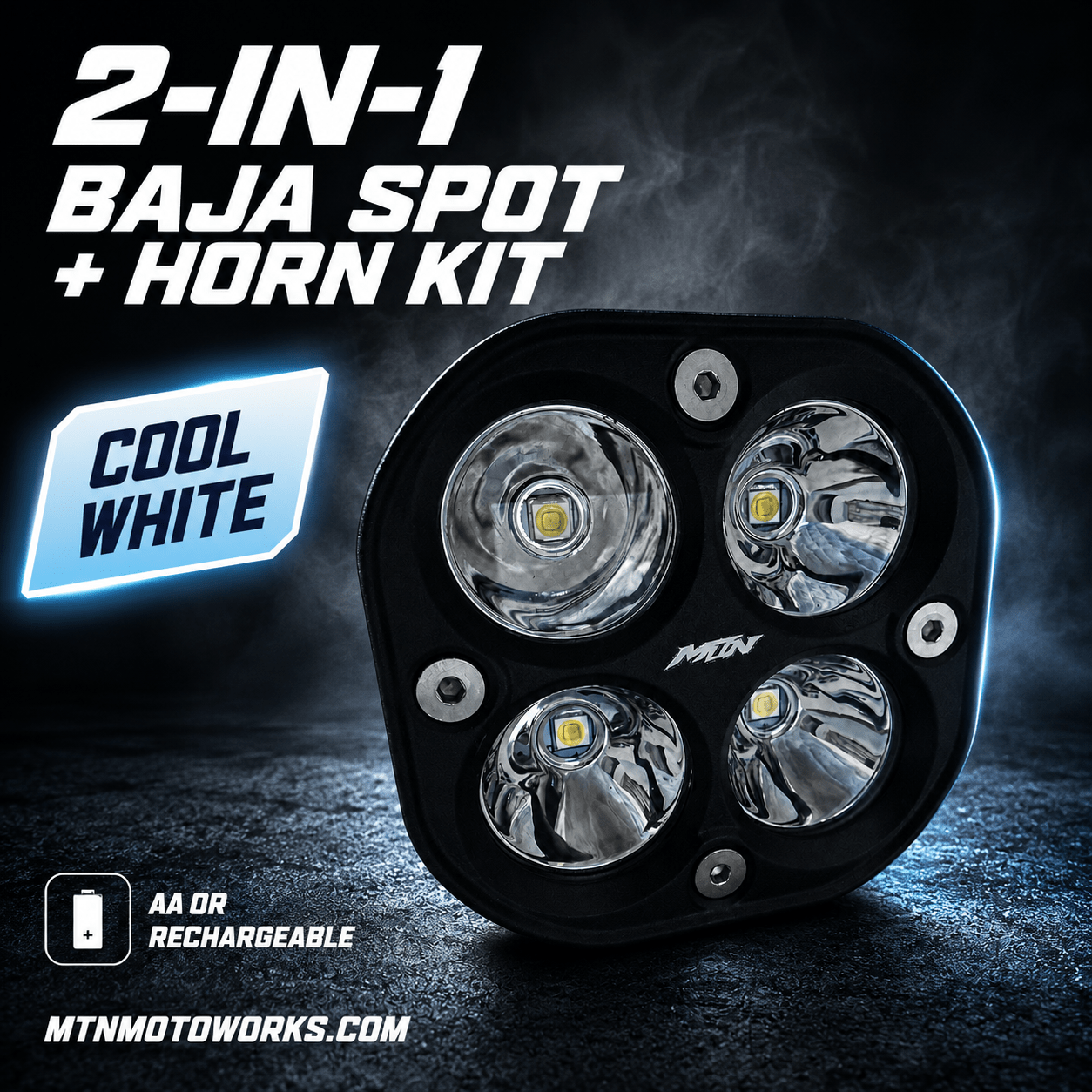 MTN 2-in-1 Baja Spot + Horn Kit – AA or Rechargeable | MTN MOTOWORKS E-Moto Performance Parts & Accessories