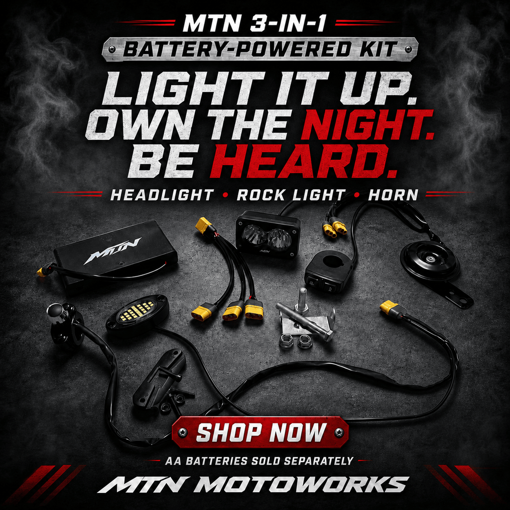 MTN 3-in-1 Battery-Powered Headlight, Rock Light & Horn Kit | MTN MOTOWORKS E-Moto Performance Parts & Accessories