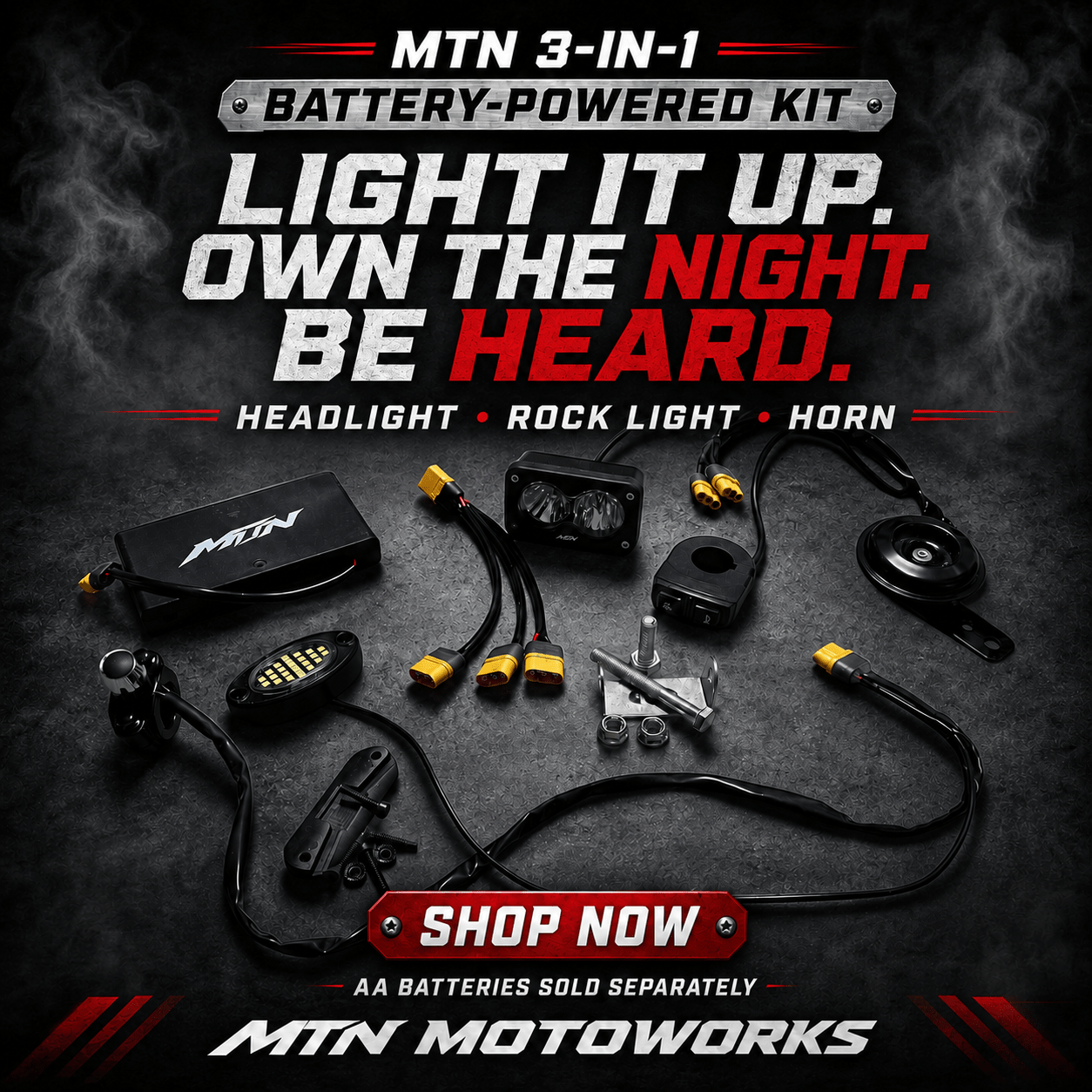 MTN 3-in-1 Battery-Powered Headlight, Rock Light & Horn Kit | MTN MOTOWORKS E-Moto Performance Parts & Accessories