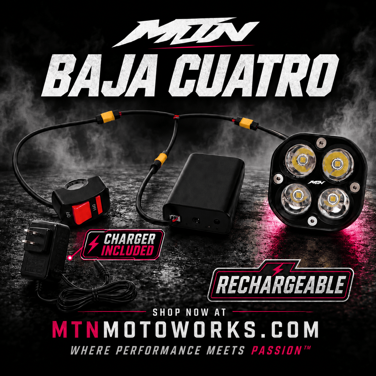 MTN Baja Cuatro 18650 Rechargeable LED Headlight | MTN MOTOWORKS E-Moto Performance Parts & Accessories