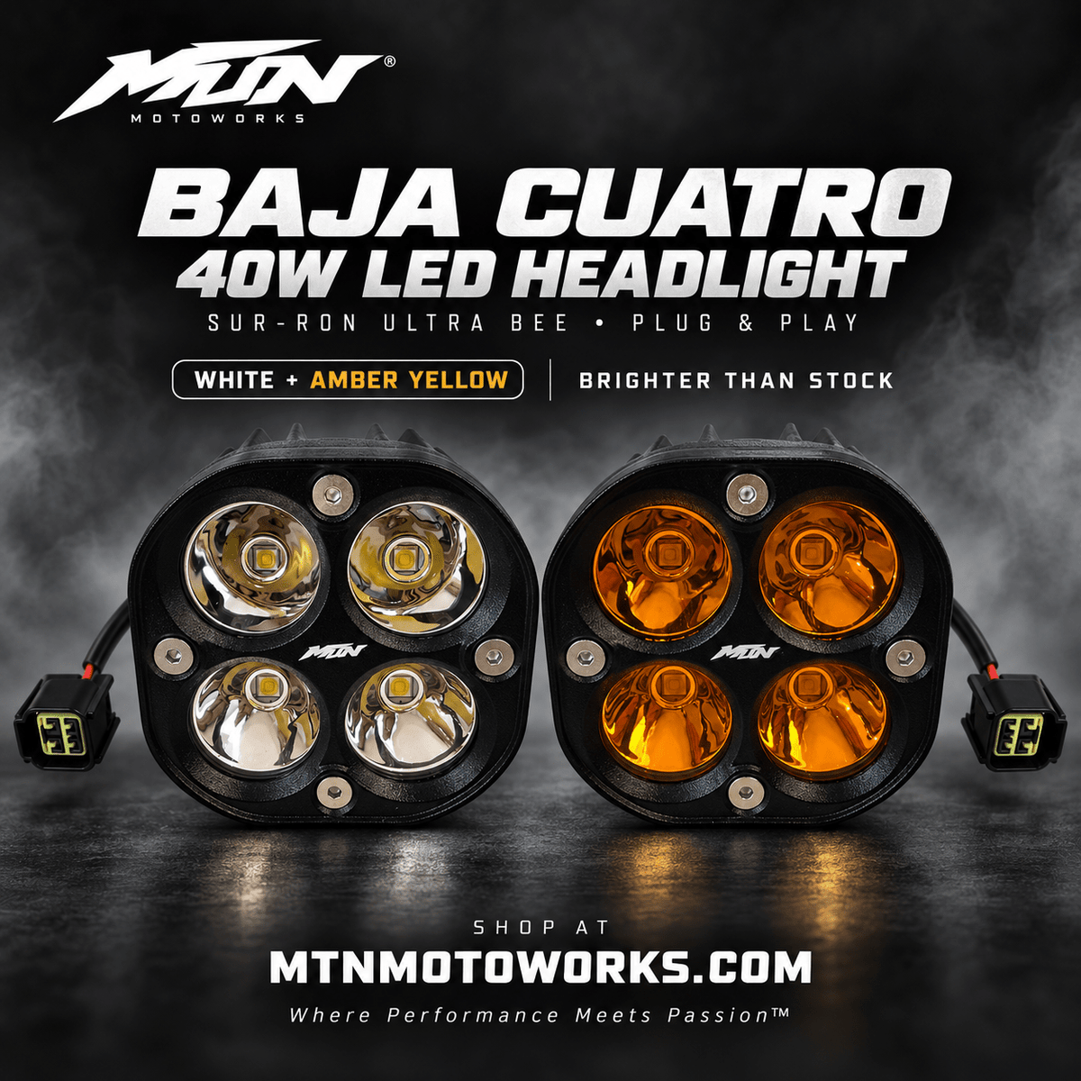 MTN Baja Cuatro 40W LED Headlight | Sur-Ron Ultra Bee Plug & Play | MTN MOTOWORKS E-Moto Performance Parts & Accessories