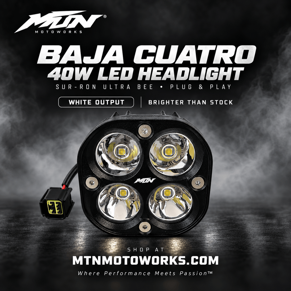 MTN Baja Cuatro 40W LED Headlight | Sur-Ron Ultra Bee Plug & Play | MTN MOTOWORKS E-Moto Performance Parts & Accessories