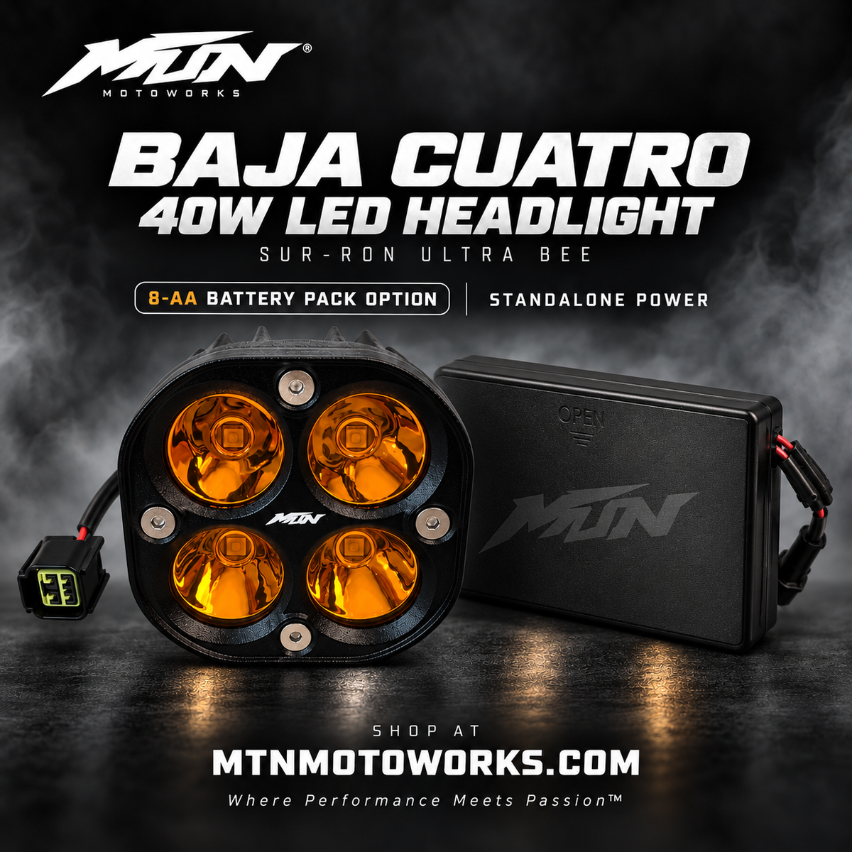 MTN Baja Cuatro 40W LED Headlight for Sur-Ron Ultra Bee with 8-AA battery pack option