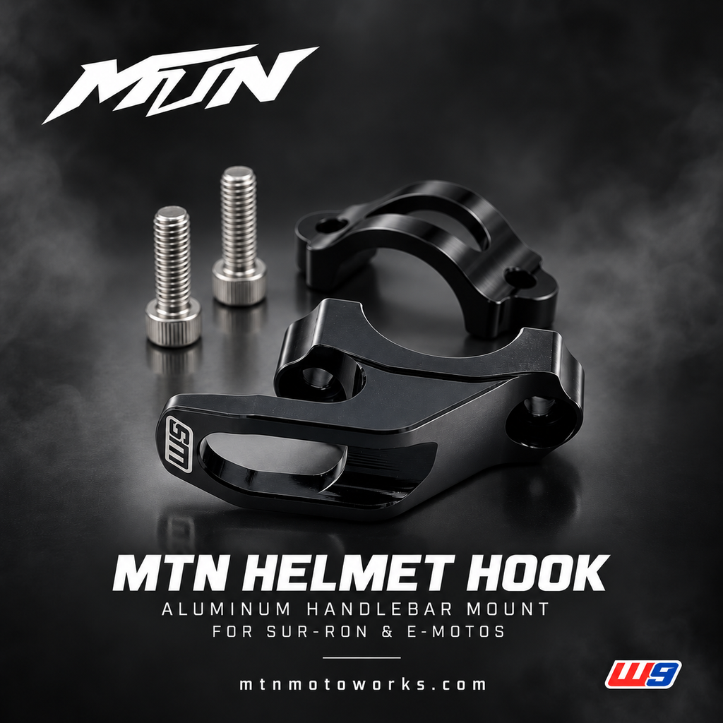 MTN Helmet Hook - aluminum handlebar mount poster, 7075-T6 CNC aluminum for Sur-Ron and E-Motos