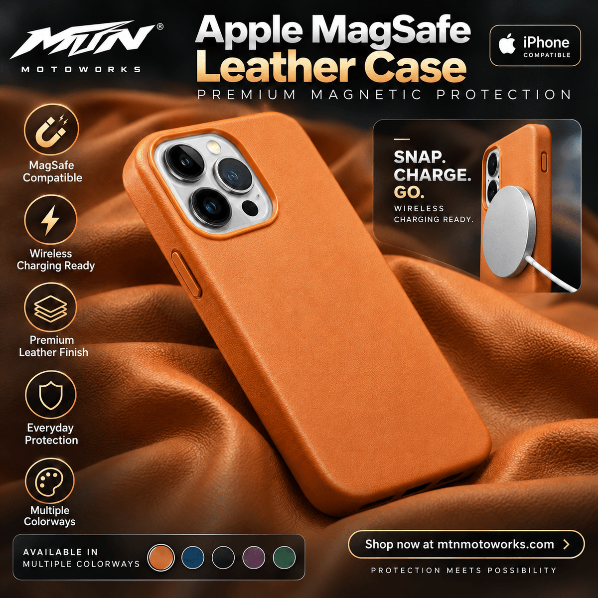 MTN Leather MagSafe-Compatible iPhone Case | MTN MOTOWORKS E-Moto Performance Parts & Accessories