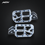 MARK I 7075 wide footpegs, raw silver finish and oil slick titanium pins, overhead view