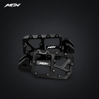 MARK I 7075 wide footpegs with 57mm platforms, stealth black finish and black titanium pins, angled view