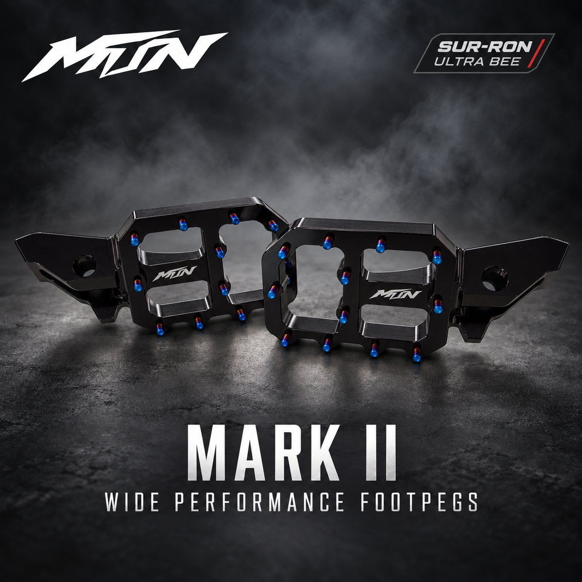 MTN MARK II Wide Performance Footpegs for Sur-Ron Ultra Bee in Black with Titanium Blue pins