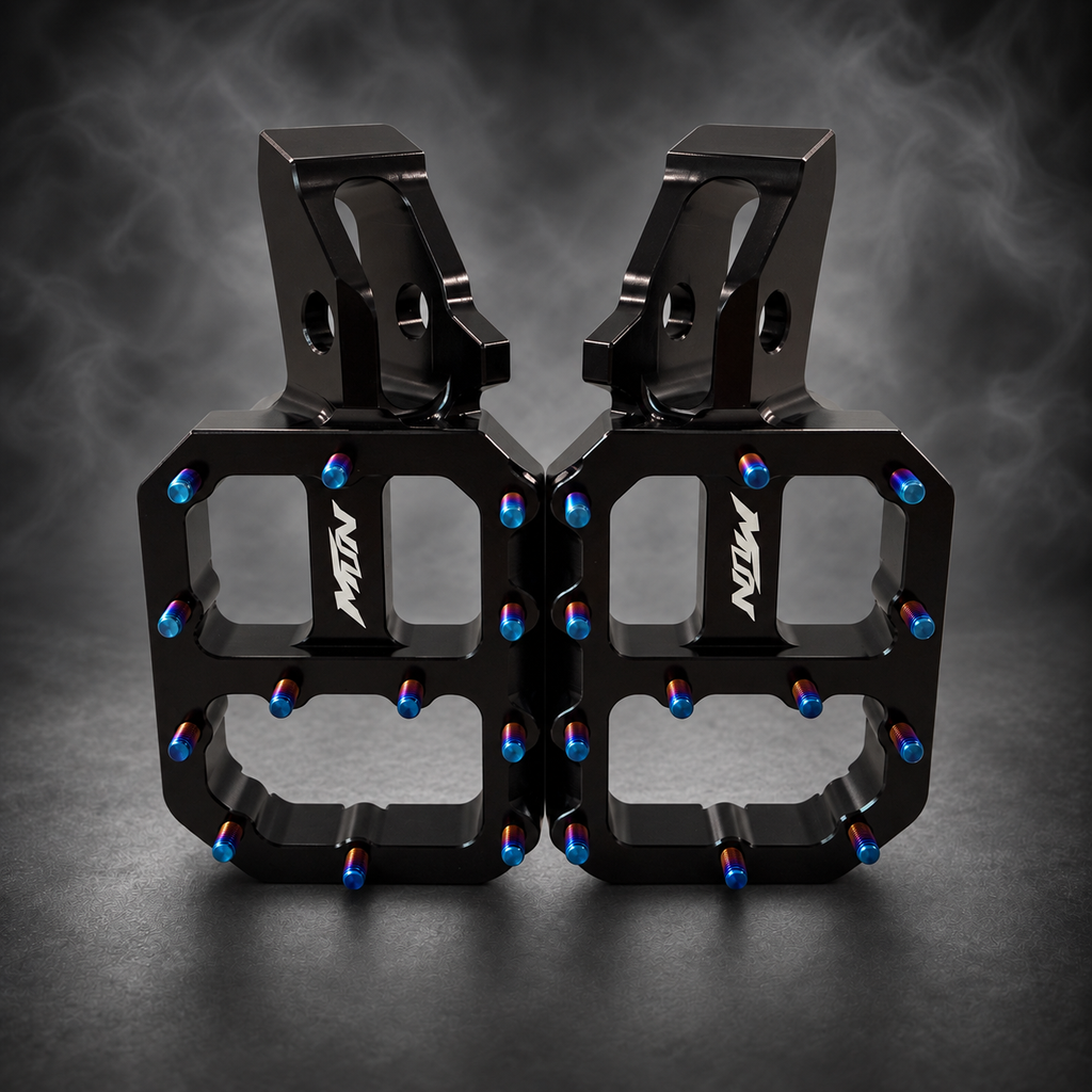MTN MARK II Black Sur-Ron Ultra Bee footpegs showing dedicated mounting configuration