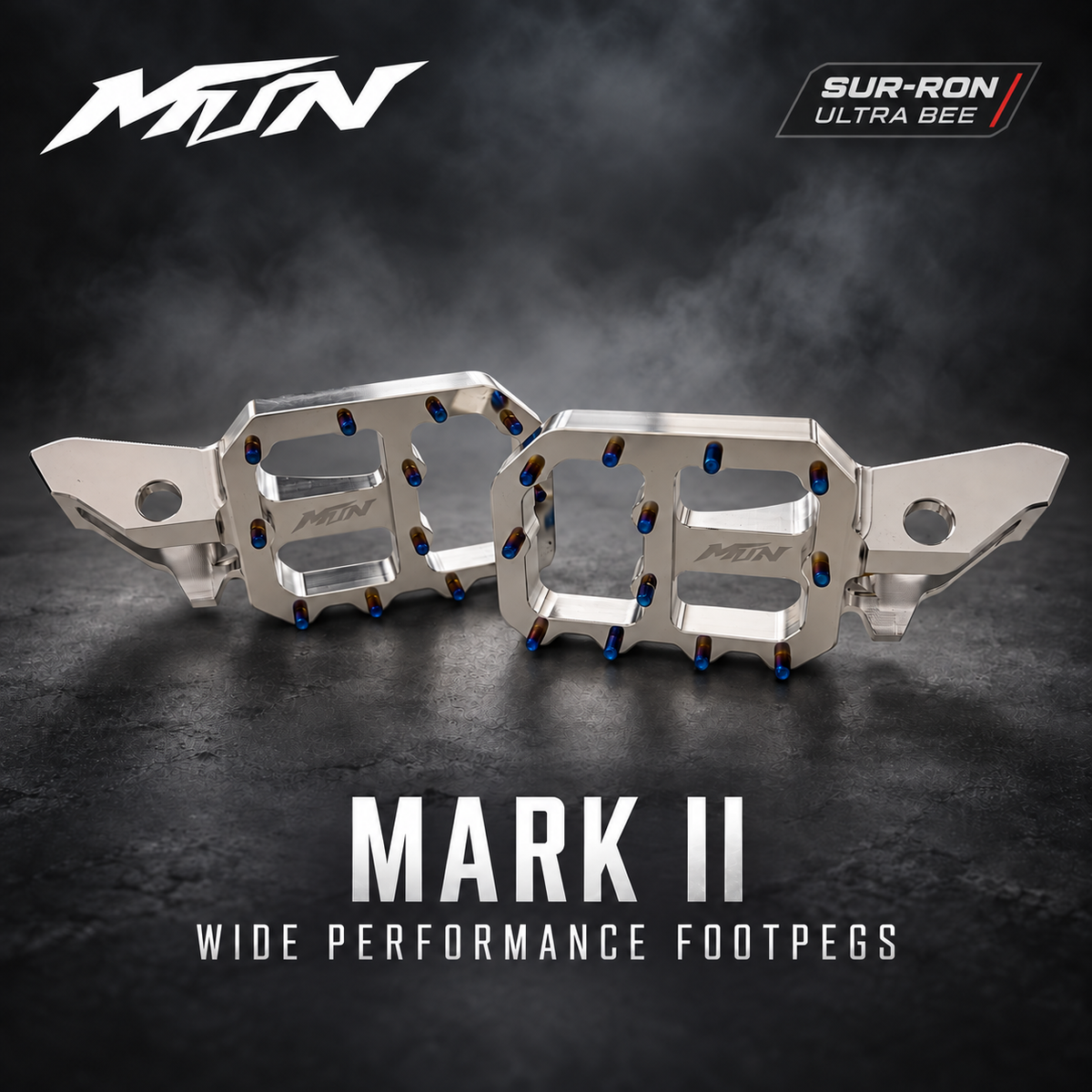 MTN MARK II Wide Performance Footpegs for Sur-Ron Ultra Bee in Silver Polished with Oil Slick Titanium pins