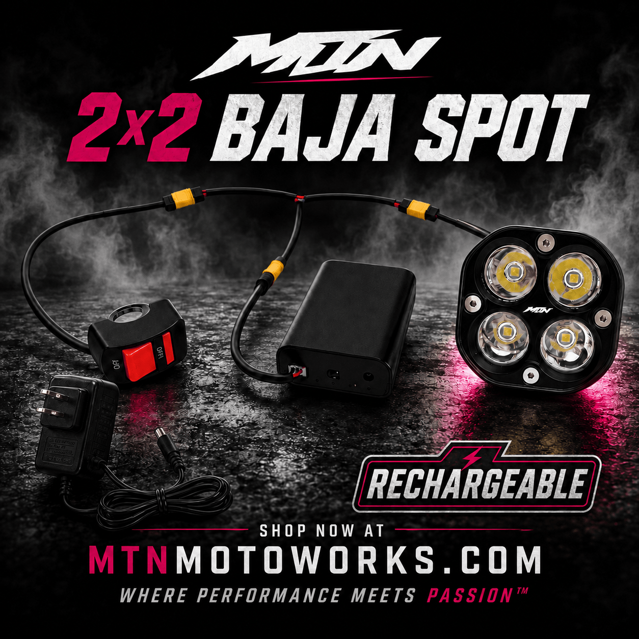 MTN Rechargeable 2×2 Baja Spot LED Headlight | MTN MOTOWORKS E-Moto Performance Parts & Accessories