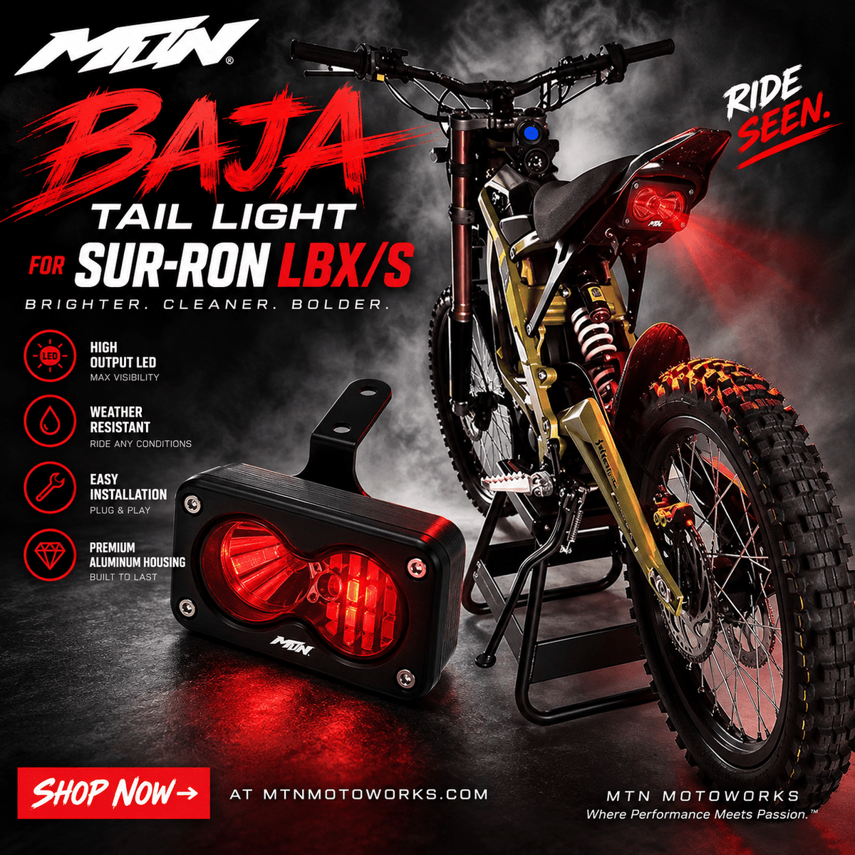 MTN RED BAJA LED Tail Light | Sur-Ron LBX/S | MTN MOTOWORKS E-Moto Performance Parts & Accessories